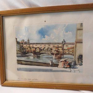 Vintage Firenze Ponte Vecchio sull'Arno Watercolor Framed Print